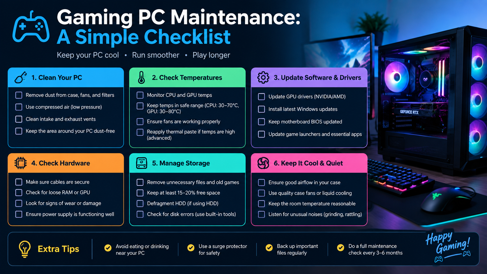 Gaming PC maintenance checklist infographic
