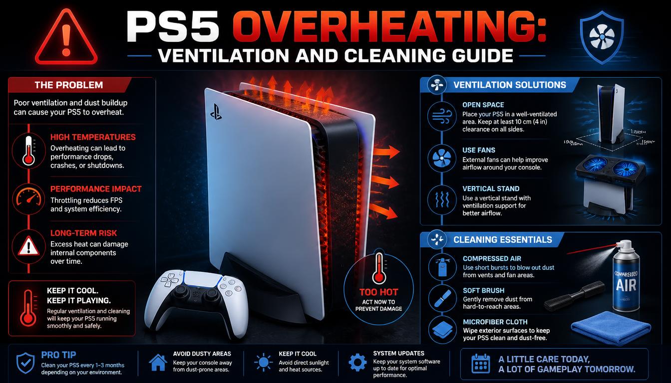 PS5 overheating ventilation and cleaning guide infographic