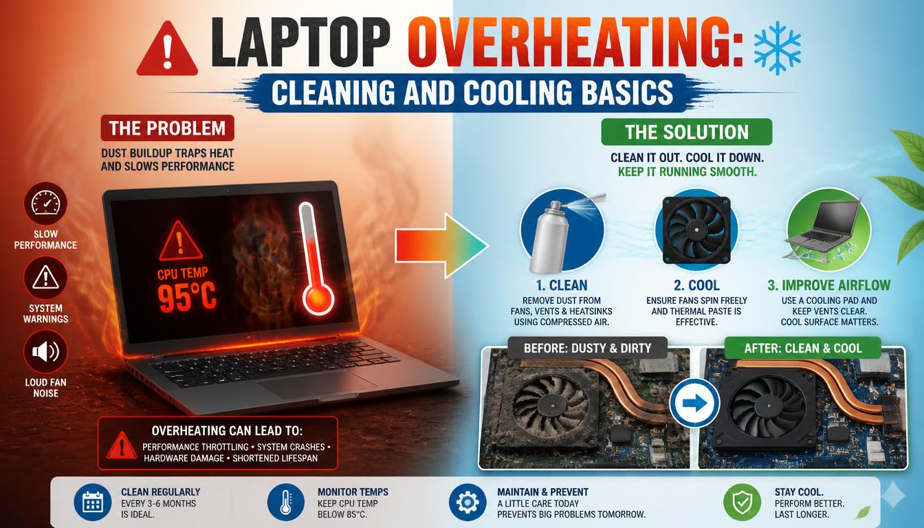 Laptop overheating cleaning and cooling basics infographic