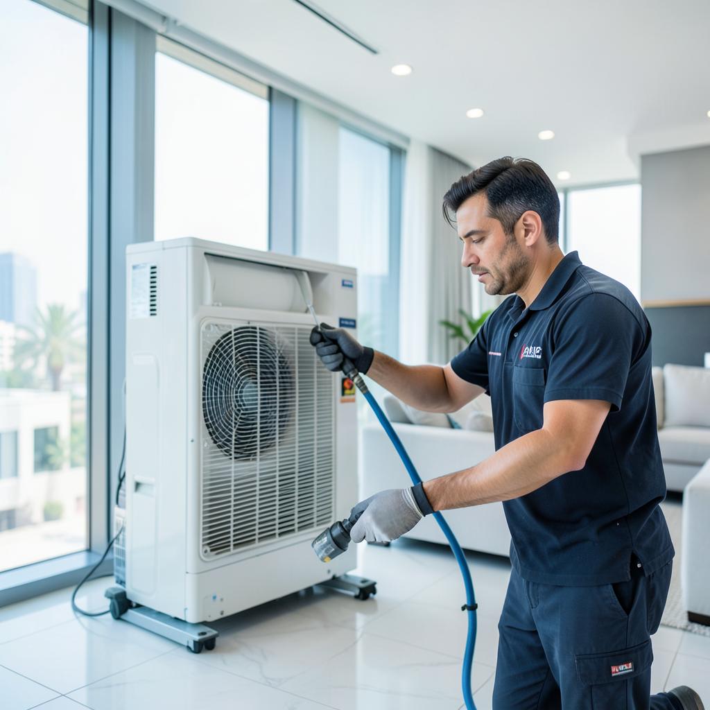 AC technician servicing a split unit